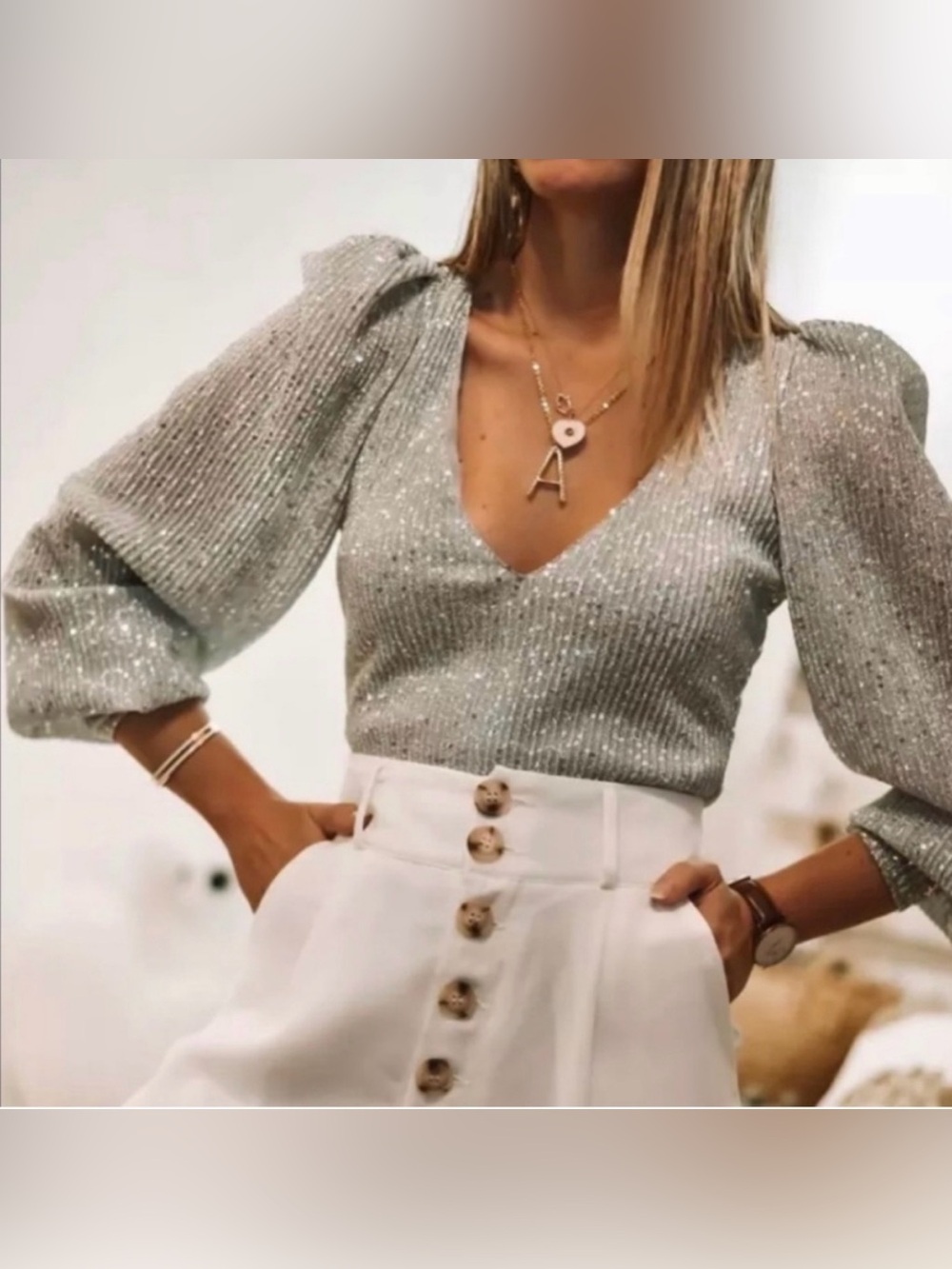 Zara V-neck Puff Sleeve Silver Sequin Top Size XS